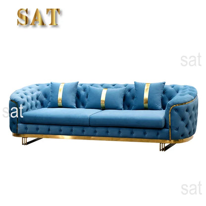 -Luxury Gold Legs Stainless Steel Blue Button Tufted Velvet Chesterfield Sofa Set 3 2 Seater SofaLiving Room Couch Set Furniture