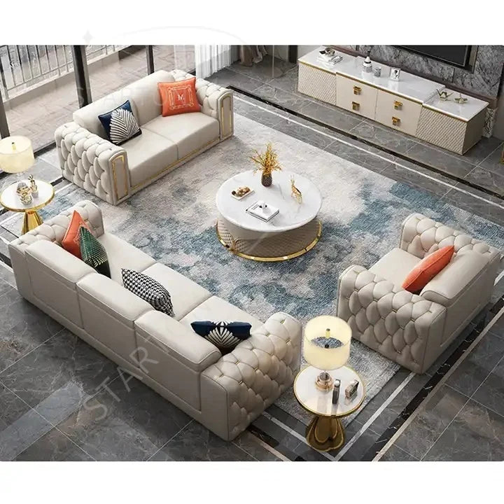 Italian Modern Luxury Art Style Leather Sofa Set Villa Living Room Furniture Leather Combination Sofa Set Support Customization