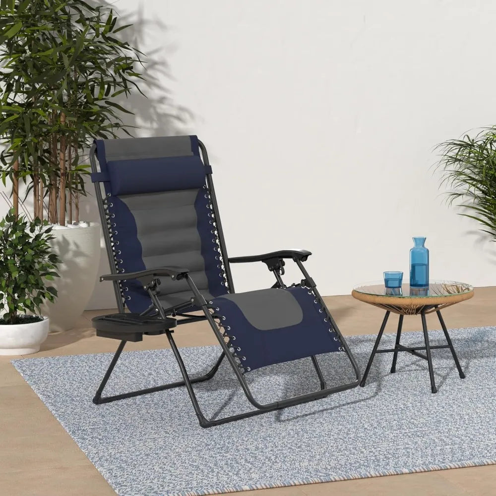 "large cushioned zero gravity patio chair with folding feature and xl size, ideal for outdoor relaxation with headrest and cup h