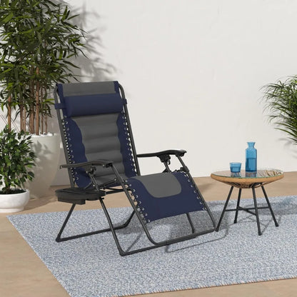 "large cushioned zero gravity patio chair with folding feature and xl size, ideal for outdoor relaxation with headrest and cup h