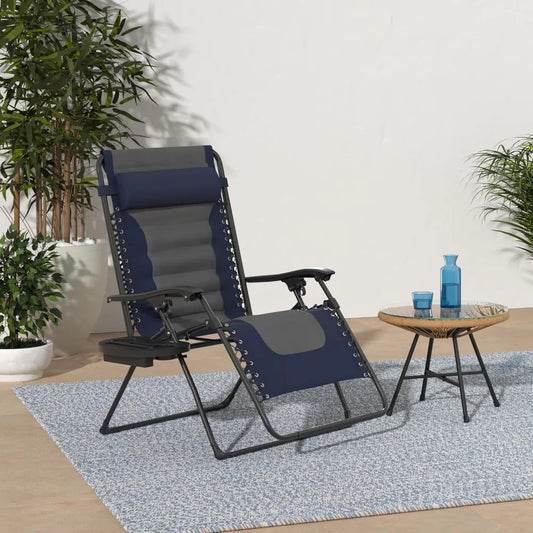 "large cushioned zero gravity patio chair with folding feature and xl size, ideal for outdoor relaxation with headrest and cup h
