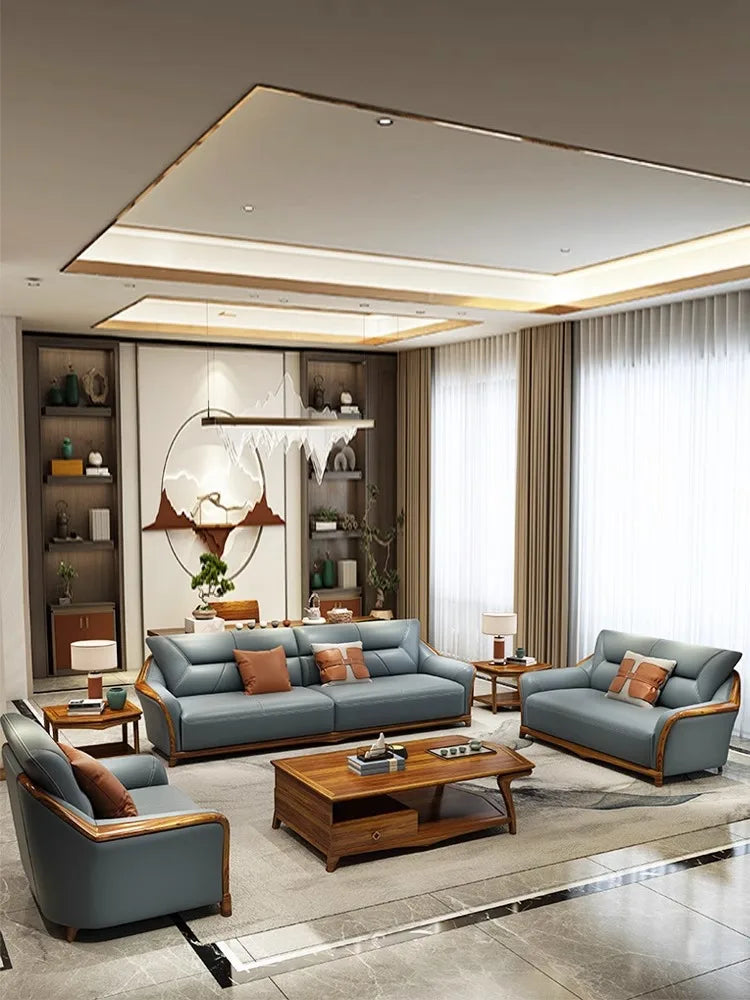 New Chinese style, ebony leather sofa combination, all solid wood