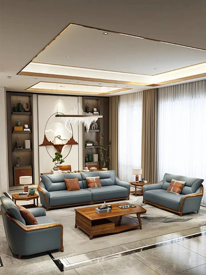New Chinese style, ebony leather sofa combination, all solid wood