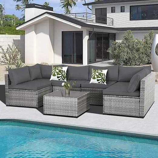 Patio Furniture Set, Modular Patio Set Wicker Outdoor Sectional Sofa Set PE Rattan Wicker Patio Conversation Set with T