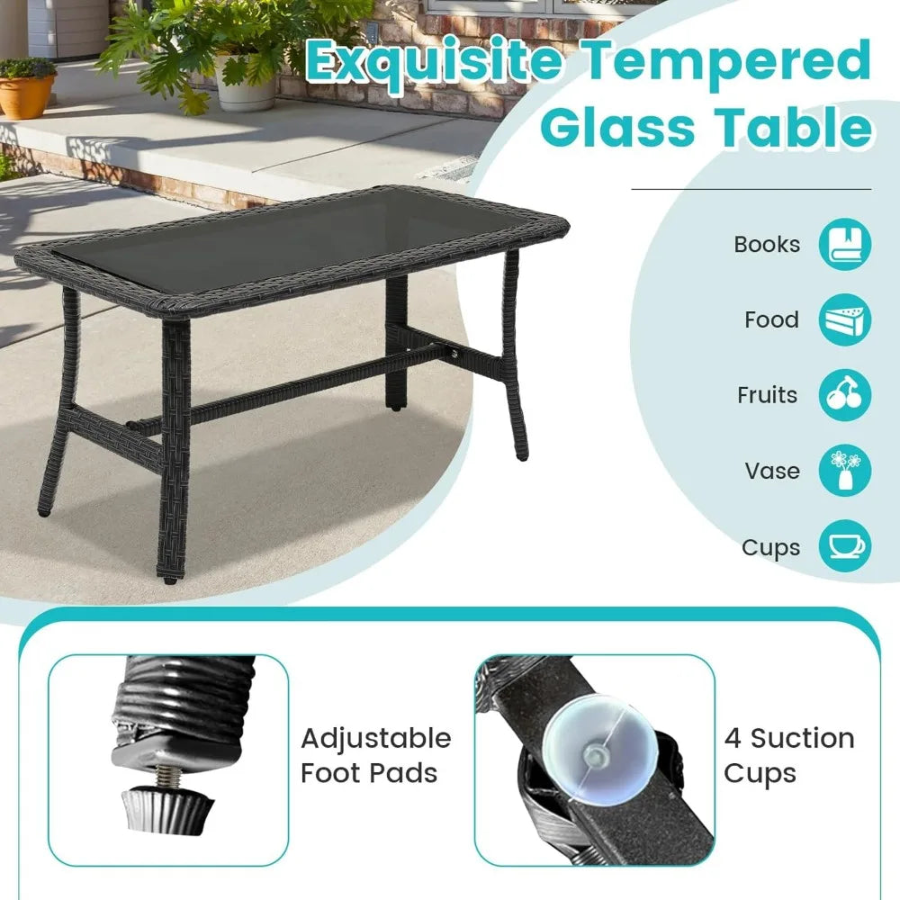 4 Piece Wicker Patio Furniture Set, Outdoor PE Rattan Conversation Sets with Chairs, Loveseat & Tempered Glass Coffee Ta