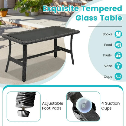 4 Piece Wicker Patio Furniture Set, Outdoor PE Rattan Conversation Sets with Chairs, Loveseat & Tempered Glass Coffee Ta