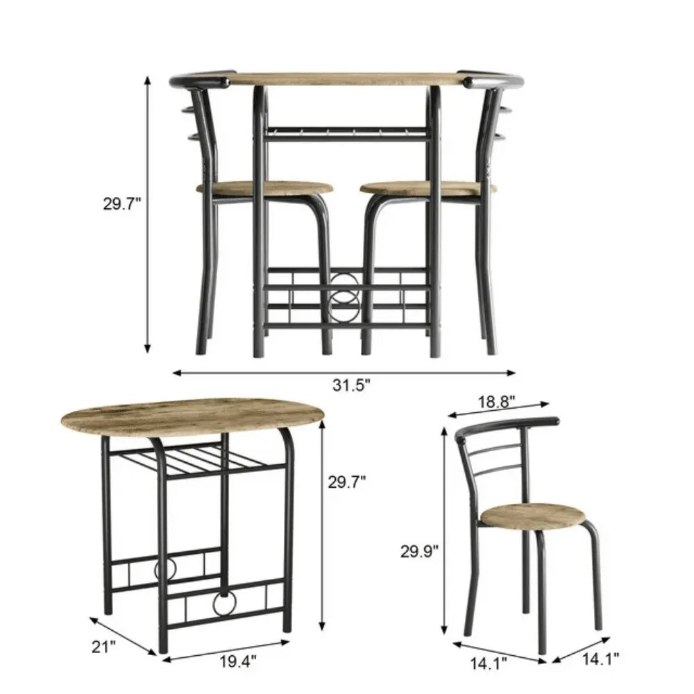 3-Piece Wooden Round Table & Chair Set, Space Saving Kitchen Breakfast Nook Wood Grain Tabletop With Metal Frame
