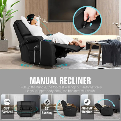 Rocking Recliner Chair, Massage Rocker Recliner Chair with Vibration Massage and Heat, USB and TypeC Ports,360 Swivel Faux Leat