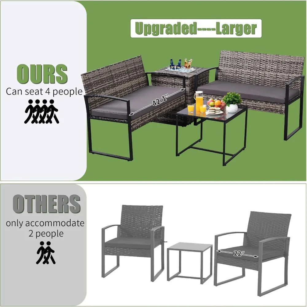 4 Piece Outdoor Patio Furniture Set with Built-in Beverage Cooler Storage Box, Wicker Conversation Sets Patio Outdoor Loves