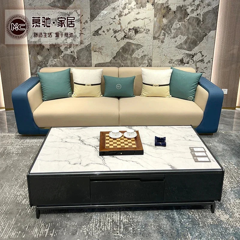 Italian light luxury large apartment leather sofa living room top layer cowhide designer villa high-end furniture combination