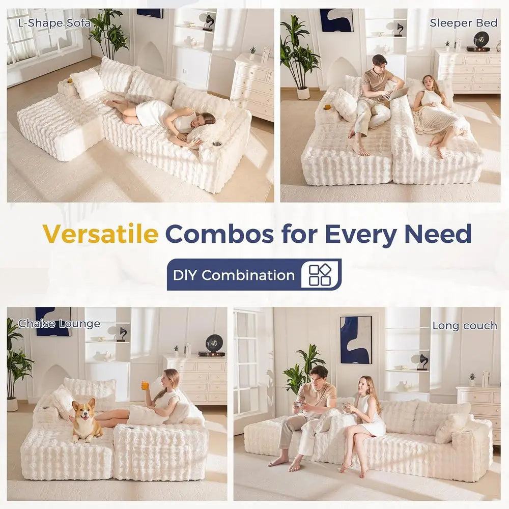 L-Shaped Sectional Sofa, 104 Modern Couch with Chaise, Living Room Sleeper, No Assembly, Beige