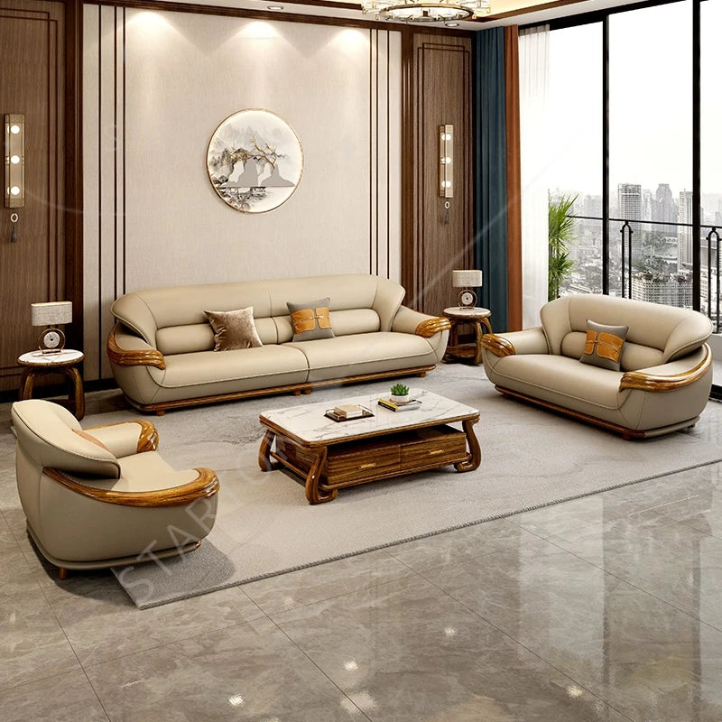 Modern new Chinese ebony sofa top layer cowhide high-end living room leather sofa