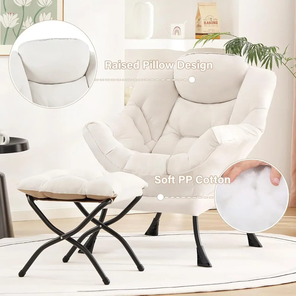 Modern Lazy Chair with Ottoman, Large Velvet Accent Lounge Armchair, Comfy Reading Chair with Footrest for Living Room, Bedroom