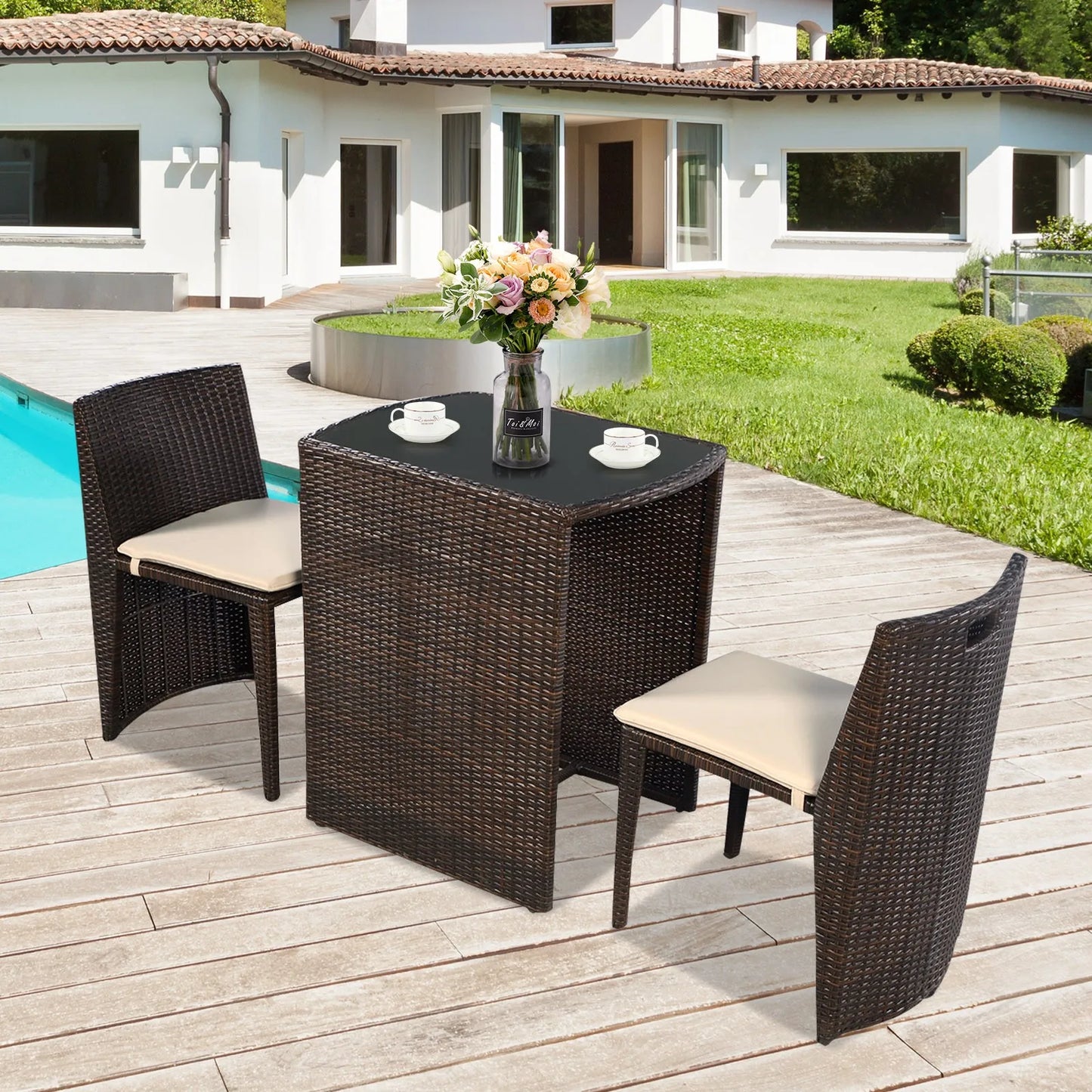 Garden Furniture Sets3PCS Outdoor Rattan Coffee Table Set No Assembly Needed Modern Patio Dining Furniture