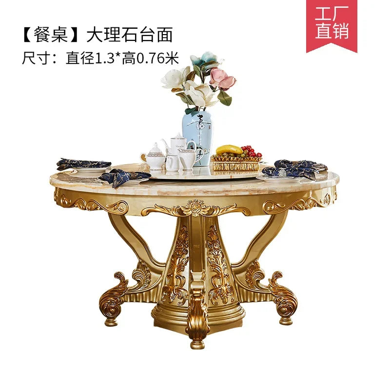 A07 European dining table and chair combination glass surface classical luxury solid wood carving flower round table with turnta