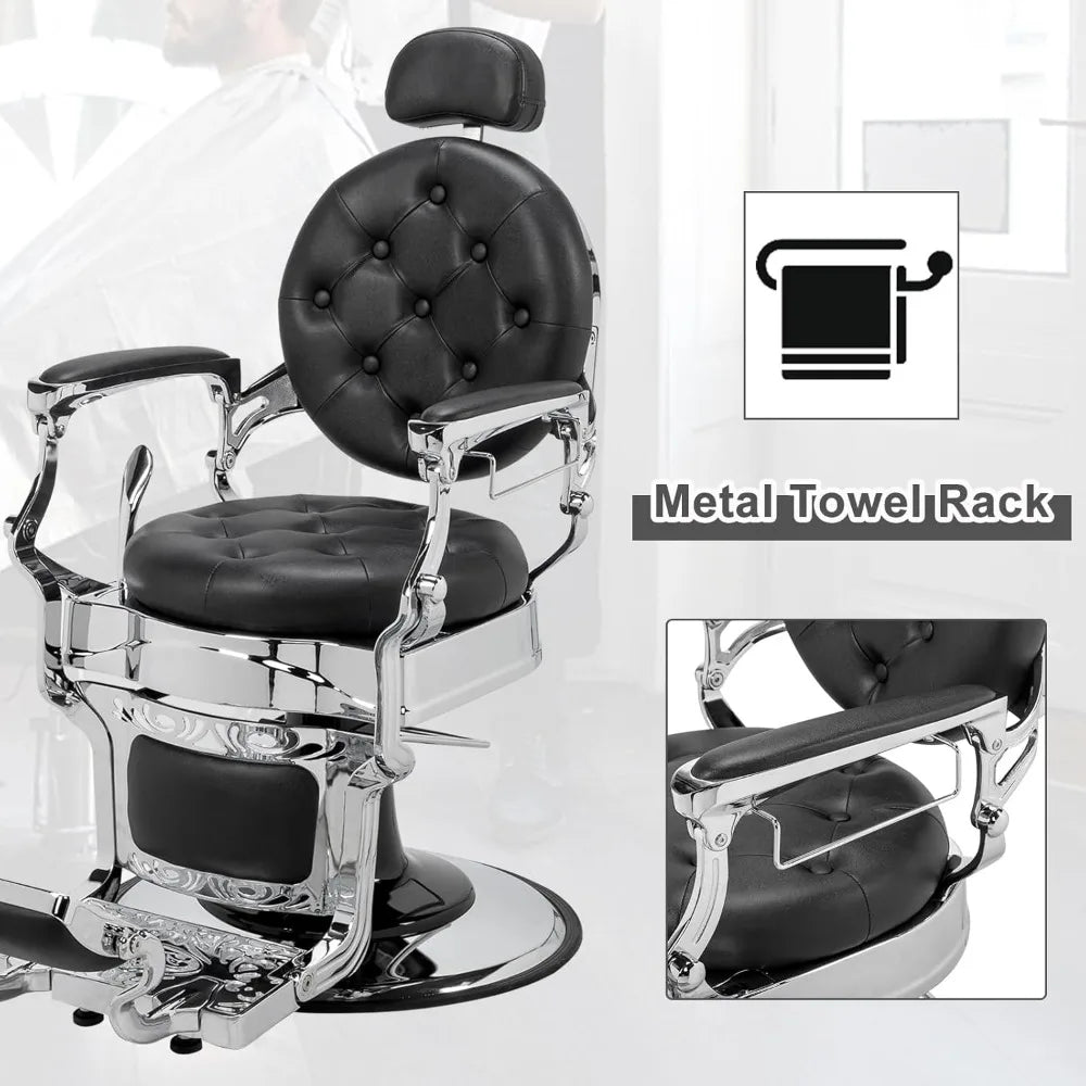Heavy Duty Vintage Recline Barber Chair Hydraulic with Headrest, Supports up to 700lbs & 360°Rotatable, Professional Salon