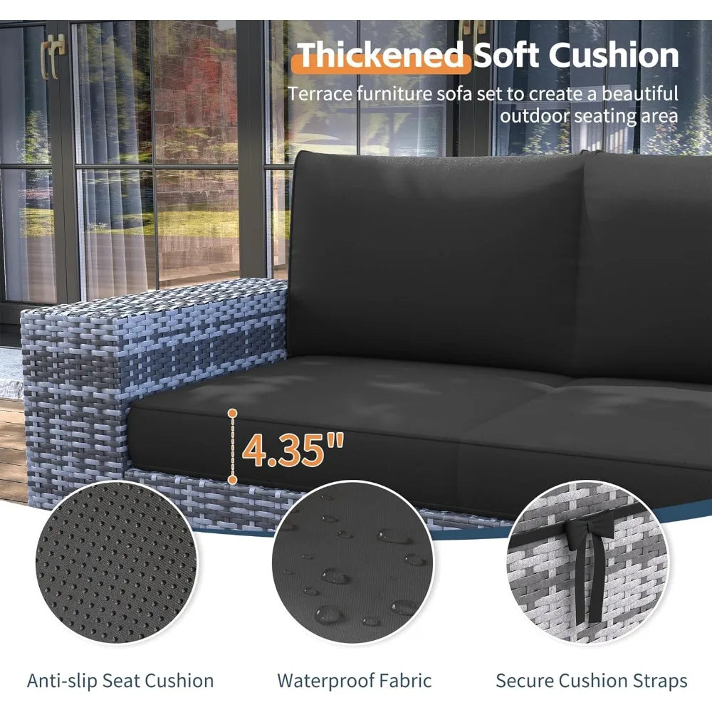 Hot-Sell! 13 Piece Patio Furniture Set with Fire Pit Table, 8''Wide Armrest Modular Rattan Outdoor Sectional Sofa Set,Grey/Black