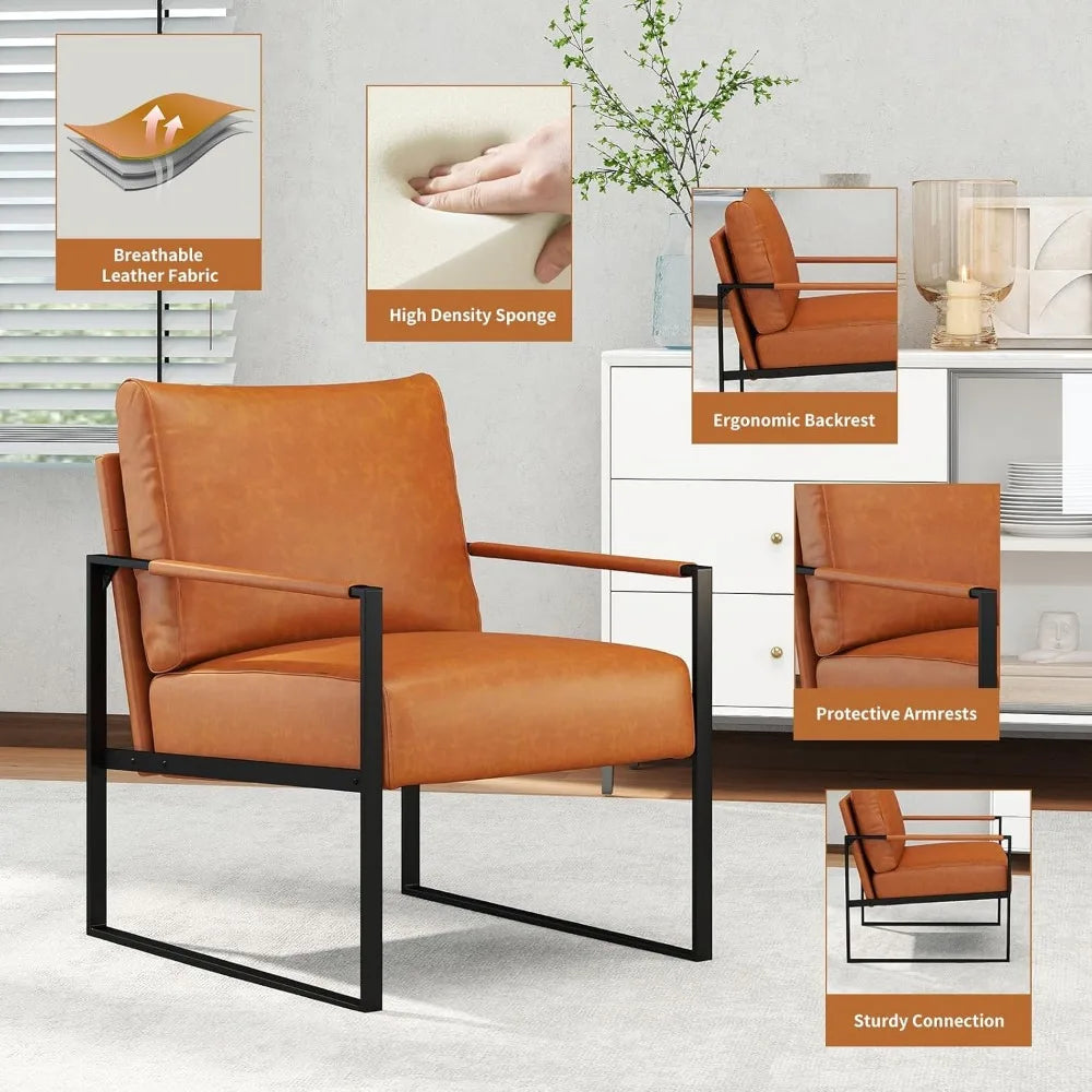 Mid Century Modern Accent Chair, PU Leather Armchair with Metal Frame,Comfy Single Reading Chair with Soft Padded Backrest and