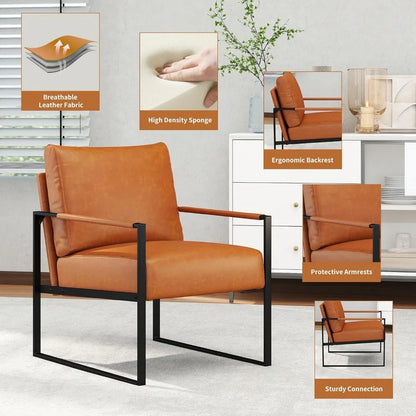 Mid Century Modern Accent Chair, PU Leather Armchair with Metal Frame,Comfy Single Reading Chair with Soft Padded Backrest and