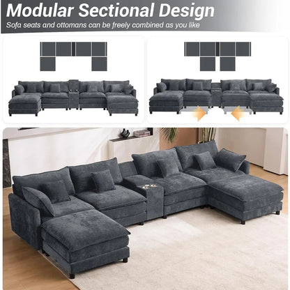 145" Oversized Modular Sectional Sofa U Shaped Cloud Couch 6 Seat Sofa Set for Living Room Comfy Fluffy Chenille Deep Seat