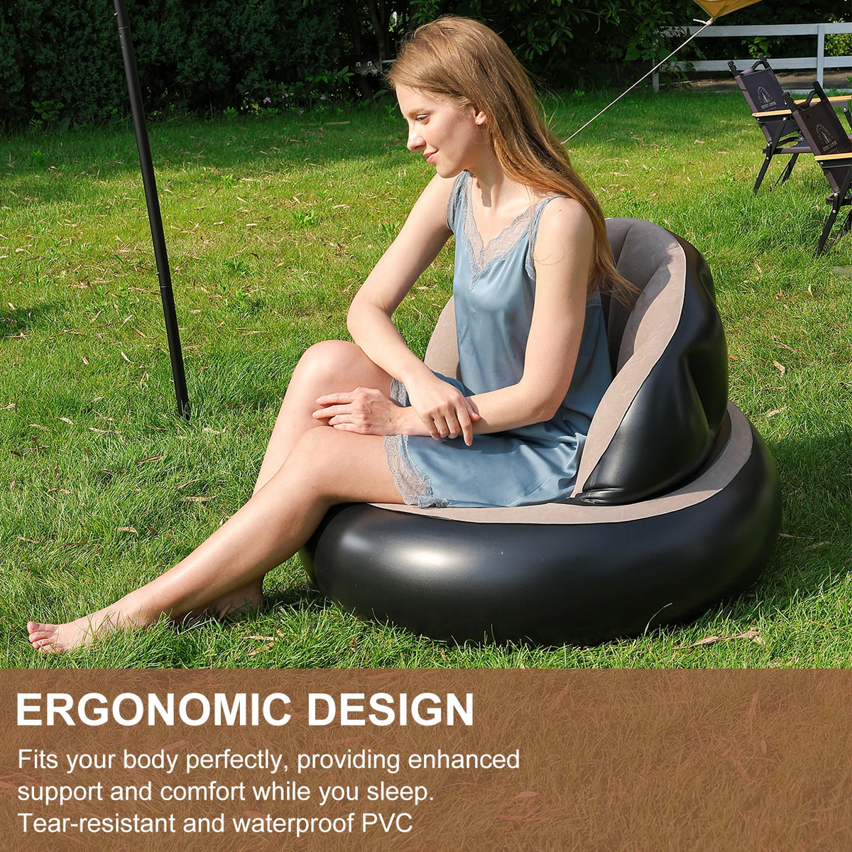 1PC Thickened PVC Inflatable Sofa Ergonomic Design for Comfortable Seating Experience, Foldable Flocking Garden Sofa