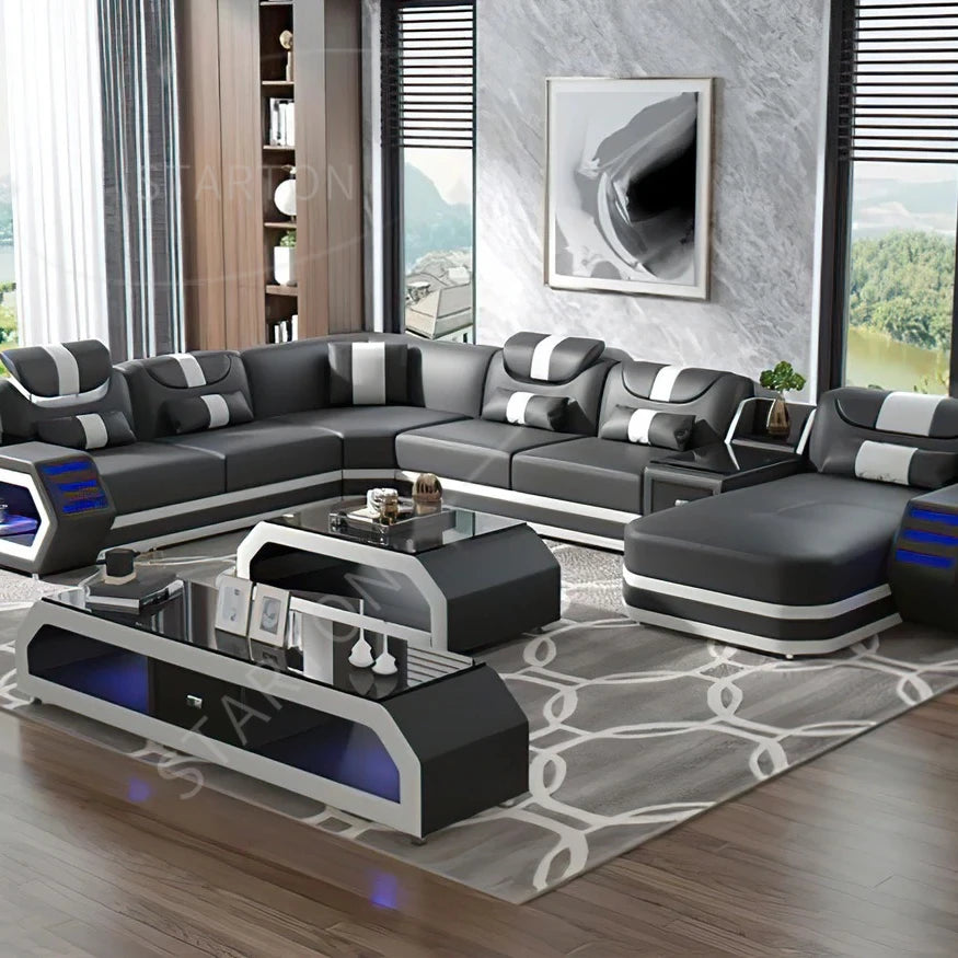 High Quality Luxury Design Leather Sectional Sofa Set with LED Light Genuine Leather Black Wholesale Living Room Furniture