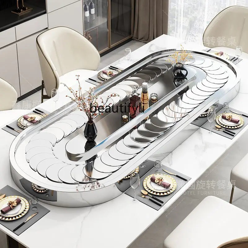 Rectangle electric vegetable turntable Oval stainless steel conveyor belt home dining table Automatic rotary display turntable