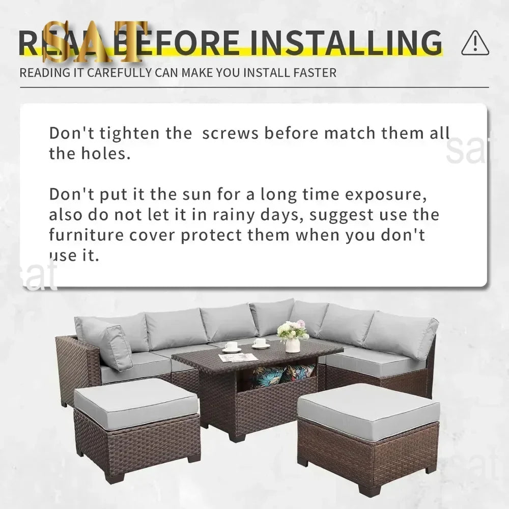 /-Patio Furniture 9 Piec Set with Cushions and 45” Gas fire Pit Table, Outdoor PE Rattan Sectional Conversation Sofa Set