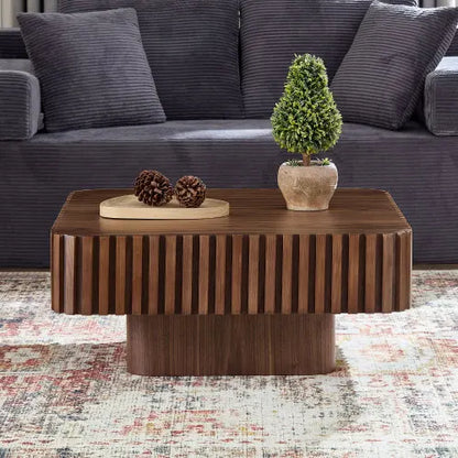Modern Handcraft Drum Coffee Table Square Coffee Table for Living Room,Small Wooden Coffee Table,Walnut Color