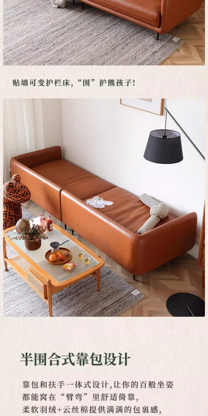 Retro oil wax leather sofa down large living room Nordic simple medium and ancient style straight row leather art sofa