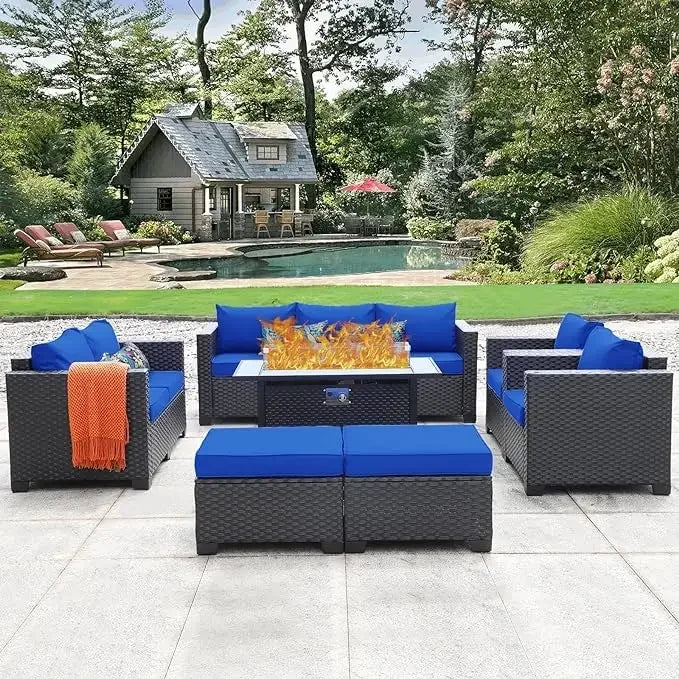 patio furniture set 45 inch outdoor fire pit 7 pieces outdoor furniture set patio sofa outdoor chair , peacock blue
