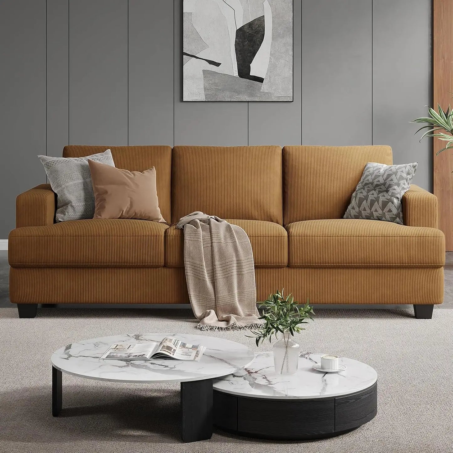 89 Inch Sofa with Extra Deep Seats Oversize, Corduroy Fabric 3 Seater Sofa for Living Room, Modern Couch and Sofa, Comfy