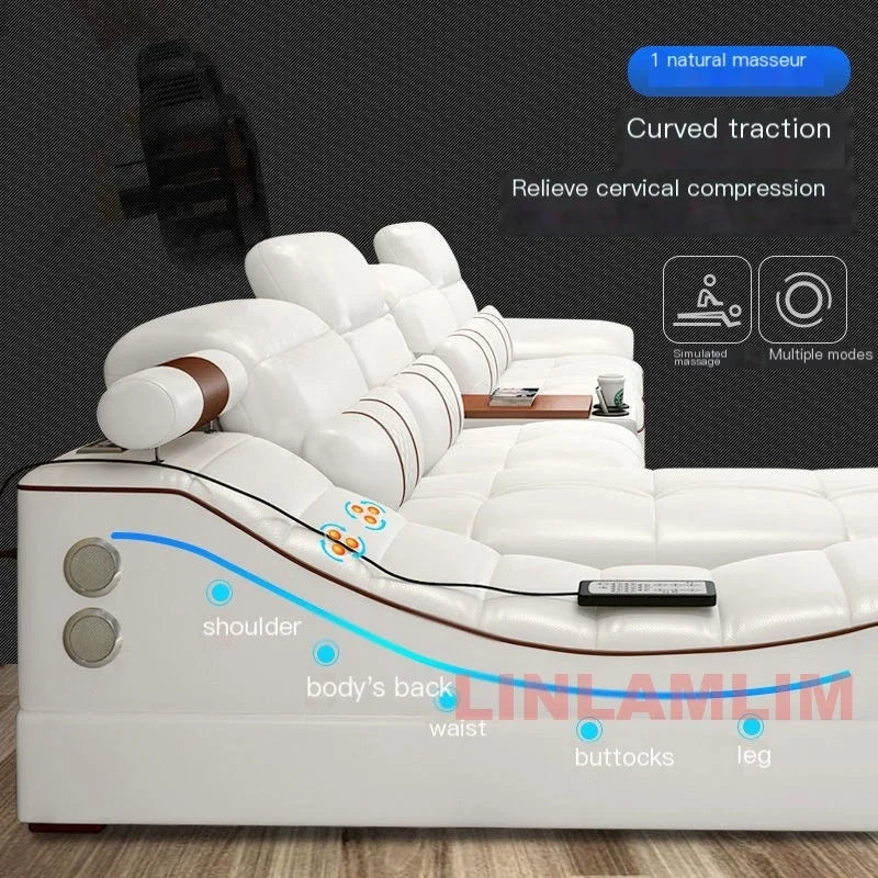 MINGDIBAO Modern Luxury Sectional Sofa Set with Chaise Lounge – Italian Genuine Leather Couch with Speakers, USB Port & Storage