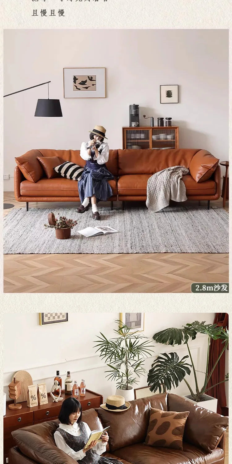 Retro oil wax leather sofa down large living room Nordic simple medium and ancient style straight row leather art sofa