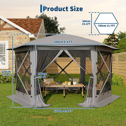 Portable Collapsible Gazebo Screen Tent – 6-Sided, 13FT/11FT, Removable Canopy Top, Bite-Proof Mesh, All-Weather Outdoor Shelter for Camping, Patio, Backyard