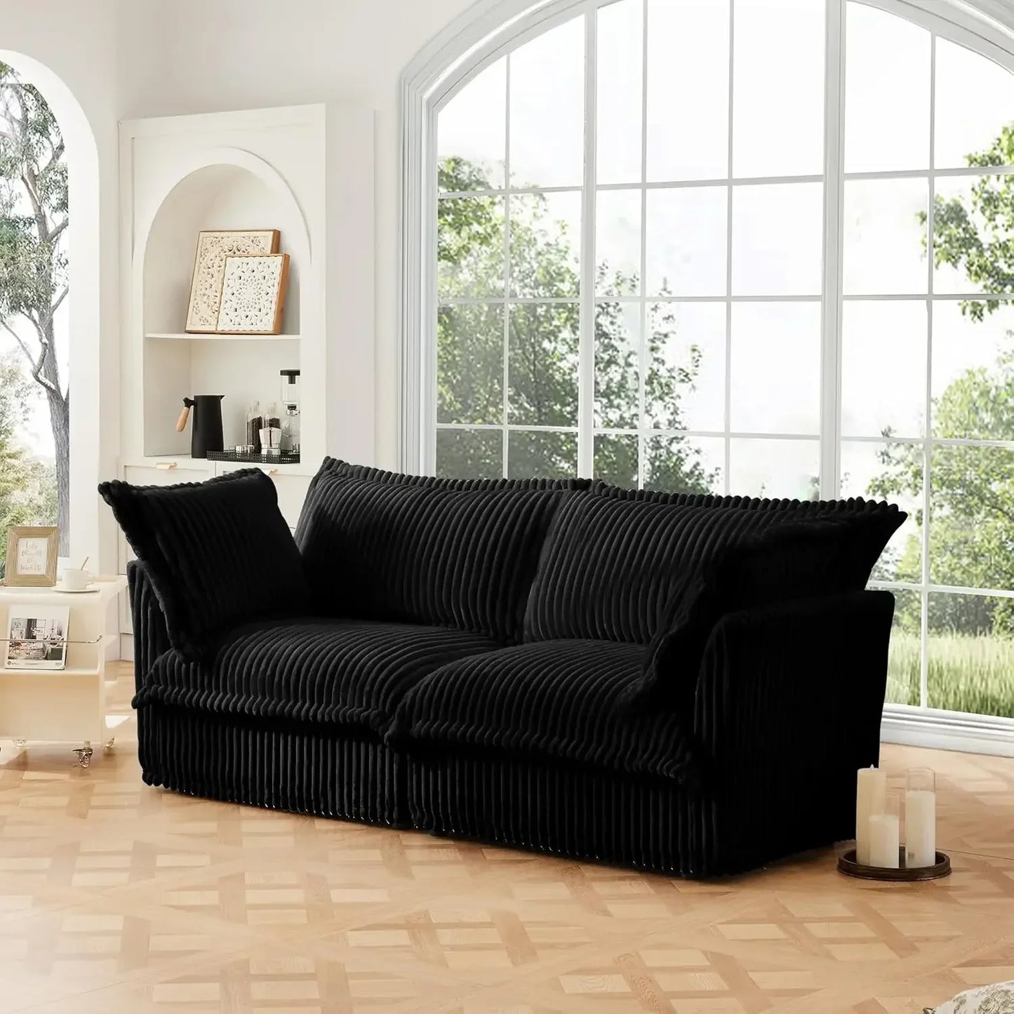 Comfortable modern three seater sofa with soft armrests, deep seated sofa with multiple soft large pillows