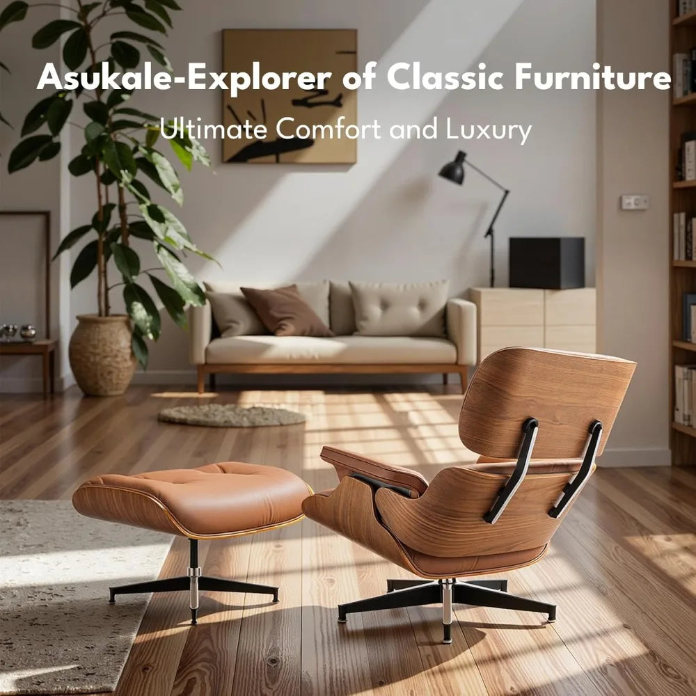 Top Grain Leather, Mid Century Chaise Lounge Chair and Ottoman, Modern Chair Classic Design, Heavy Duty Base Support for Living