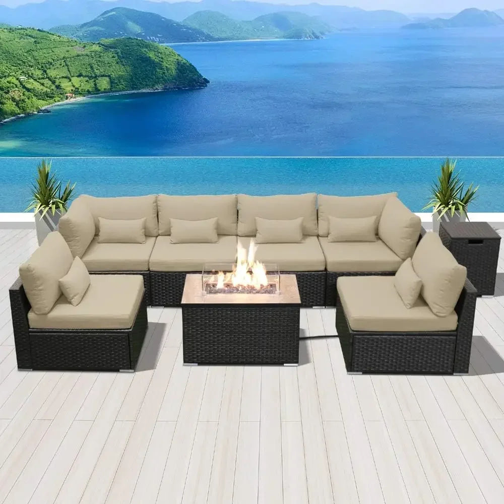 Fire Table Set Sectional Outdoor Furniture Propane Firepit Dark Brown Rattan Outdoor Sofa Set (with a rectangular/square table)
