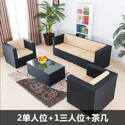Outdoor rattan sofa, rainproof and sunscreen woven three piece set, tea table combination, outdoor furniture