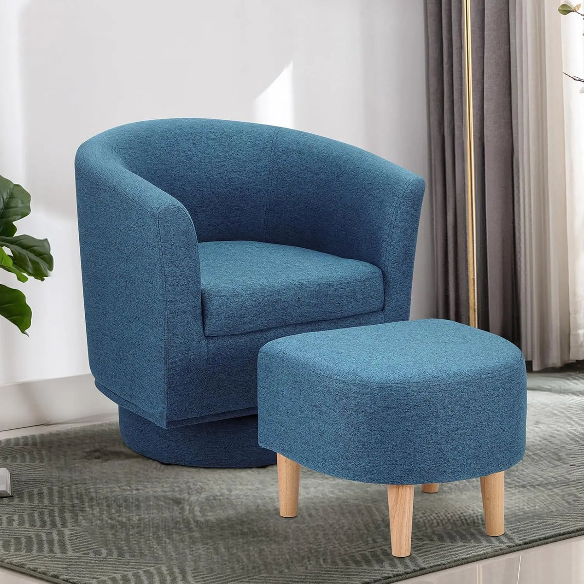 White Swivel Accent Chair with Ottoman, Modern Barrel Living Room Chair with 360° Swivel Base, Upholstered Armchair, Customized