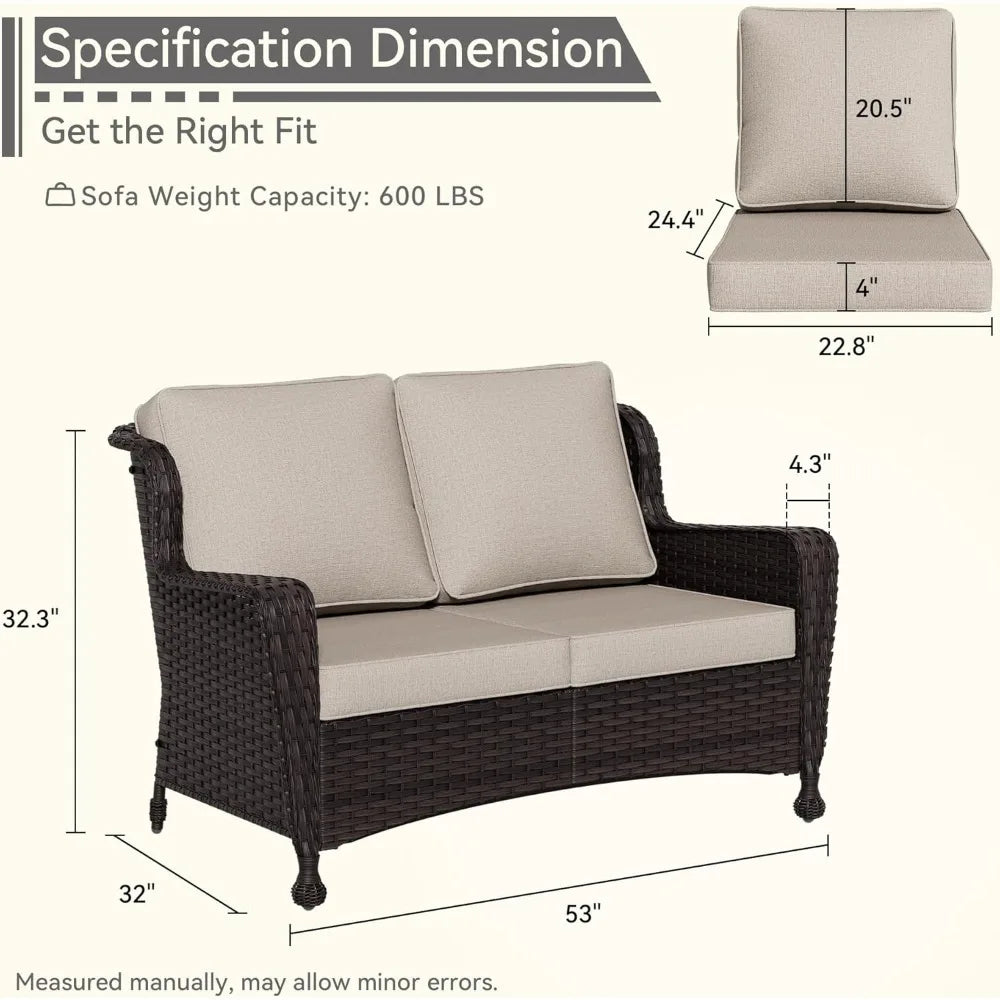 Outdoor Wicker Loveseat with Cushioned Seats, Weather-Resistant, High Back and Wide Armrests for Patio and Balcony