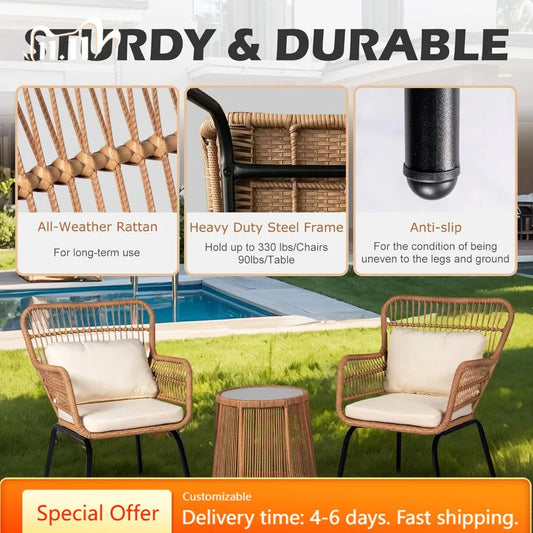3 Piece Outdoor Wicker Furniture Set, Rattan Chairs and Table for Balcony Poolside Backyard, Yellow/Beige Patio Bistro