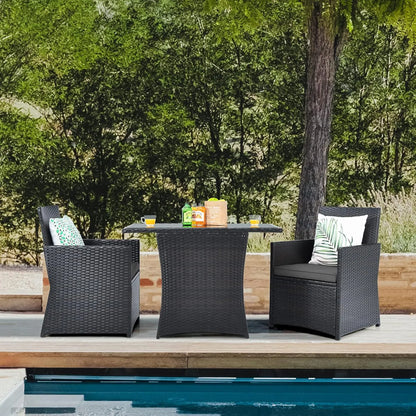 3-Piece Outdoor Rattan Bistro Set with Cushions, Glass Top, Grey