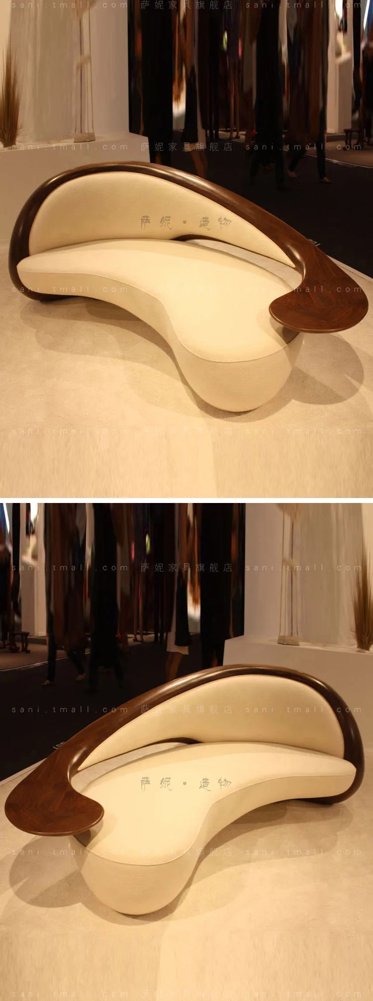 c6601 Wabi-sabi commercial sofa, three-person, curved, solid wood fabric Nordic