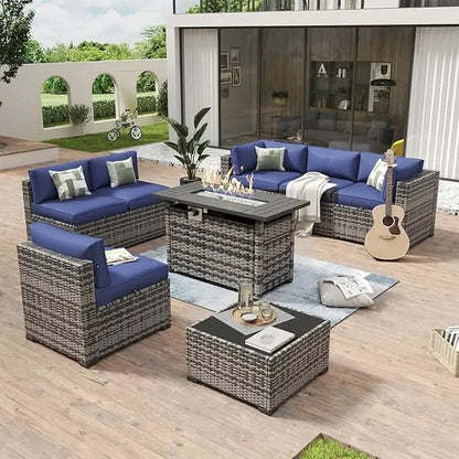 8 Piece Outdoor Patio Furniture Set with 44” Fire Pit Table, Rattan Wicker Sectional Sofa and Coffee Table with Thick Cushions