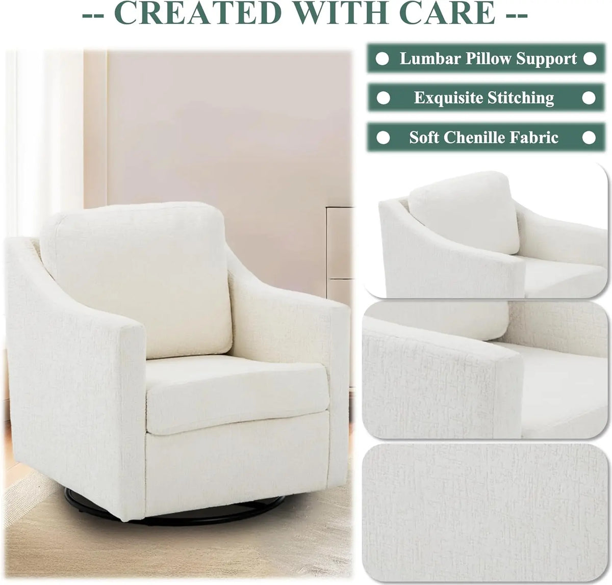 Swivel Accent Chair, 360° Rotation Chenille Fabric Upholstered Leisure Armchair with Lumbar Pillow for Living Room Bedroo