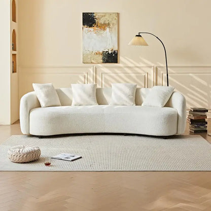 Mid-Century Modern Curved Velvet Sofa, 101" Half Moon Couch with 4 Throw Pillows for Cozy Living Room