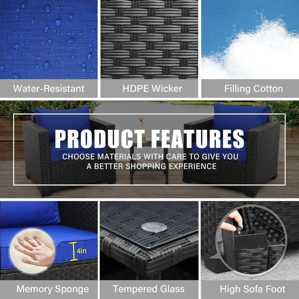 Wicker 3-Piece Patio Furniture Set with Conversation Chairs and Glass Side Table for Outdoor Balcony Use