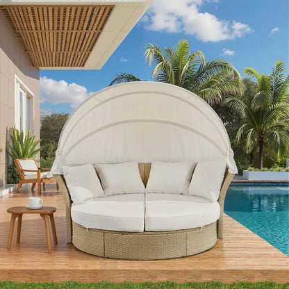 Outdoor Canopy Bed Patio Daybed with 4 Pillows, Wicker Rattan Double Daybed Round Sofa Furniture Set with Retractable Canopy, 2