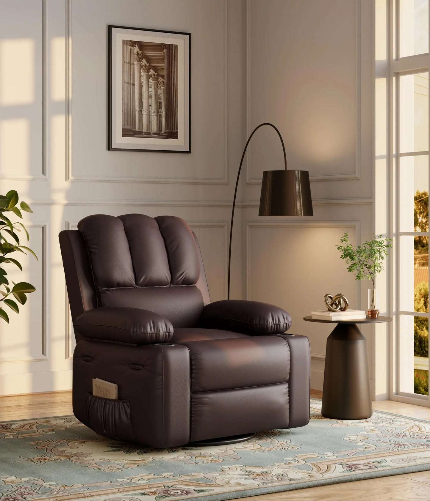 Oversized Recliner Chair With Massage and Heat Function, Adults Leather Single Sofa With Cup Holder For Living Room, Bedroom